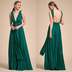 two photos of a woman in a green dress with open back and side slits