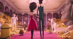 the animated character is standing in front of many mannequins and other objects