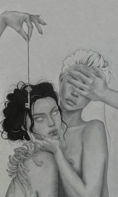 a drawing of two women with hands on top of each other's head and one woman holding her face to the forehead