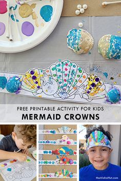 this is a collage of mermaid crafts and free printable activity for kids