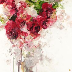 a painting of red and white flowers in a vase