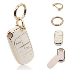 a cell phone keychain is shown with four different types of keys attached to it