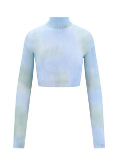 Cropped long-sleeve Off-White top showcases a turtleneck and a soft tie-dye pattern in light blue and green hues. A subtle logo on the front enhances the minimalist look, making it suitable for casual outings or streetwear fashion.

- Made in Italy  
- Material: 100% Cotton Off White Clothing, Turtle Neck Crop Top, Blue Long Sleeve Tops, Fitted Turtleneck, Virgil Abloh, Turtle Neck Top, White Tie, White Tops, Active Wear For Women