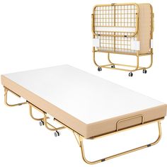 a bed with wheels and a mattress on it's side, in front of a white background