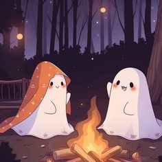 two ghost sitting in front of a campfire