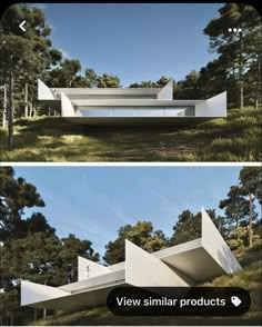 two photographs of the exterior of a house in the woods with trees and grass on both sides