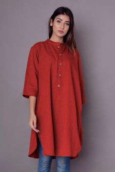 "Casual Shirt Dress for Women, Long Shirt, Apple cut shirt, Indian Kurta, Linen Washed Soft Shirt - Custom made by Modernmoveboutiique >DESCRIPTION< - loose and roomy. - apple cut - 3/4th sleeve - made from Linen blend. The fabric is of medium weight (185 g). - the model is 172 cm high (regular XS - S) and is wearing size S. - color in the picture - LAVA (Please choose any other color on the right). >COLOR< NOTE - The shirt is available in 25 colors. - We found out the fabric to be r Cotton Tunic Blouse With Buttons, Red Short Sleeve Tunic For Spring, Red Short Sleeve Tunic, Red Cotton Long Sleeve Tunic, Red Cotton Short Sleeve Shirt Dress, Red Cotton Shirt Dress With Short Sleeves, Red Long Sleeve Cotton Tunic, Women Long Shirt, Shirt Dress For Women