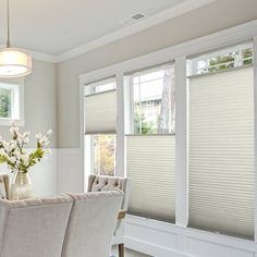 a living room with two couches and three windows that have blinds covering them in shades