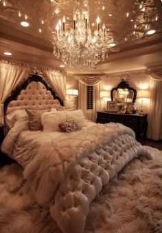 a luxurious bedroom with white fur and chandelier