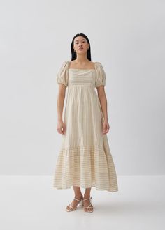 Chic Cotton Midi Dress With Broderie Anglaise, Casual Cotton Midi Dress With Broderie Anglaise, Cotton Dress With Smocked Back For Daytime, Cotton Midi Dress With Broderie Anglaise For Day Out, Fitted Cotton Midi Dress With Broderie Anglaise, Broderie Anglaise Sundress For Garden Party, Chic Cotton Dress With Broderie Anglaise, Garden Party Sundress With Broderie Anglaise, Chic Cotton Puff Sleeve Dress For Garden Party