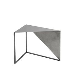 a metal table with a triangular design on the top and bottom, against a white background