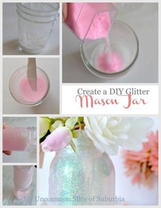 there is a collage of pictures with pink and white flowers in them, including mason jars