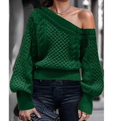 F00054146-306 Green Cable Knit Long Sleeve Tops, Green Long Sleeve Cable Knit Tops, Green Cable Knit Tops For Winter, Green Cable Knit Tops For Spring, Spring Green Cable Knit Tops, Trendy Green Cable Knit Tops, Cozy Womens Sweaters, Lantern Sleeve Sweater, Puff Sleeve Sweater