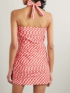 Fitted Gingham Ruched Dress, Fitted Gingham Dress With Ruched Detail, Sleeveless Gingham Ruched Dress, Sleeveless Gingham Dress With Ruched Detail, Gingham Mini Dress For Party, Chic Gingham Dress With Ruched Detail, Ruched Mini Dress For Picnic, Ruched Mini Dress For Picnics, Halterneck Mini Dress