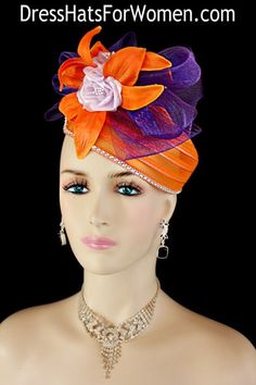 "Ladies 1920's Style Flapper Art Deco Era Orange Purple Lavender Pillbox Church Wedding Bridal Cocktail Hat Fascinator. This Formal Polypropylene Straw Braid And Horsehair Hat Is Embellished With A Large Purple Crinoline Horsehair Bow Trimmed With Large Orange Vintage Silk Millinery Flowers. Placed Within The Orange Flowers Are Lavender Silk Roses. A Single Row Of Rhinestones Encircle The Base Of This Shaped Fashion Wedding Headpiece. This Designer Hat Is Suited For A Bride To Be On Her Wedding Orange Adjustable Mini Hats For Wedding, Wedding Mini Hat In Orange With Adjustable Fit, Adjustable Orange Mini Hat For Wedding, Adjustable Orange Mini Hats For Weddings, Spring Wedding Fascinator, One Size Fits Most, Fitted Orange Hat For Church, Orange Fitted Hat For Church, Adjustable Multicolor Fascinator, Elegant Multicolor Hat For Evening