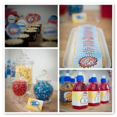 various pictures of different foods and drinks in plastic containers on a wooden table, including cupcakes