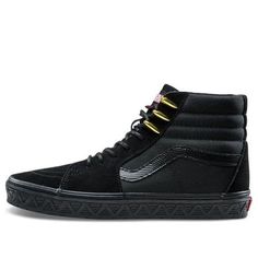 Lace up in superhero style with the Vans Marvel x SK8-HI 'Black Panther' sneaker. This dope collab celebrates some of Marvel's most iconic comics, and the Black Panther gets his due with a Triple Black color scheme in premium suede and ballistic mesh. Gold eyelets nod to the character's signature spiked necklace, while red Marvel branding adds a pop of color on the tongue. A tonal leather jazz-stripe lines the quarter panel, and a unique v-shaped design is etched on the midsole. Stand out from the crowd and lace up in these special edition kicks from Vans and Marvel. (SNKR) Custom Vans Sneakers For Streetwear, Vans Custom Sneakers For Streetwear, Urban Style Vans Custom Lace-up Sneakers, Sporty Custom Vans Sneakers With Laces, Urban Vans Custom Sneakers With Rubber Sole, Vans Custom High-top Sneakers With Laces, Vans Urban Sneakers For Streetwear, Custom Lace-up Vans Sneakers For Streetwear, Vans High-top Sports Sneakers