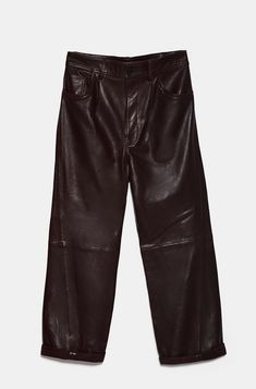 High waisted pants with front pleats. Five pockets. Front zip and snap button closure. Leather Wide Leg Bottoms With Five Pockets, Leather Wide Leg Pants With Five Pockets, Classic Bottoms With Contrast Stitching For Fall, Classic Fall Bottoms With Contrast Stitching, Wide Leg Leather Work Pants With Five Pockets, Wide Leg Leather Pants With Five Pockets For Work, Zara Pants With Five Pockets For Fall, Luxury Fall Bottoms With Belt Loops, Modern Pants With Standard Cut Leg For Fall