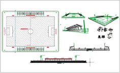 an architectural drawing of a soccer field with benches and pavilions in the center, along with other plans