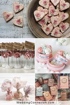 several different pictures with pink flowers and hearts on them, including wine glasses, cookies, candy