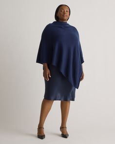 We love when an outfit comes together so easily. This baby-soft cashmere poncho adds some low-key luxe to your fave denim, leggings, and more. It all starts with 100% grade-A Mongolian cashmere, sourced sustainably and ethically from Inner Mongolia's Hircus goats. Layer up with three times the warmth of wool and quality that's made to last. Read more on what makes it special in our Cashmere 101.  | Quince | Women's Mongolian Cashmere Poncho in Navy Cashmere Cape For Layering In Fall, Cashmere Cape For Fall Layering, Fall Cashmere Cape For Layering, Chic Cashmere Poncho For Layering, 100 Grade, Contemporary Wardrobe, Cashmere Poncho, Inner Mongolia, Denim Leggings