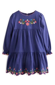 Floral embroidery adorns a tiered and flouncy cotton dress that's finished with a scalloped border. Back keyhole with button-and-loop closure Cotton lining 100% cotton Machine wash, tumble dry Imported Big Girl Dresses, Navy Embroidery, Boden Kids, Twirly Dress, Party Jackets, Slim Fit Casual Shirts, Midi Shirt Dress, Set Outfit, Mini Boden