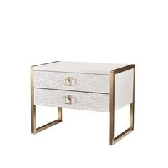 a white and gold table with two drawers on it's legs, one drawer open