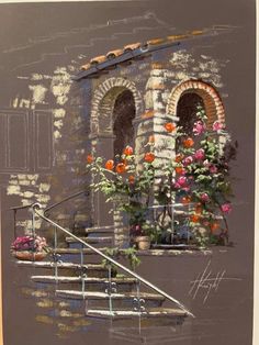 a painting of an old building with flowers on the balcony and stairs leading up to it