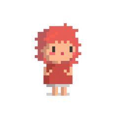 pixel art girl with red hair wearing a red shirt and white skirt, standing in front of a white background