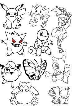 pokemon coloring pages for kids with different types of cartoon characters and their name on them