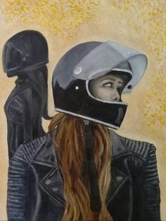 a painting of a woman wearing a motorcycle helmet