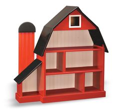 a red bookcase with a black roof and windows on the top shelf is shaped like a barn