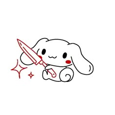 a drawing of a dog holding a knife in it's mouth with stars around it