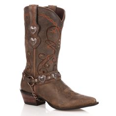 This women's Durango western boot features eye-catching embroidered accents and removable heart concho hardware for sassy, feminine appeal. In tan. Click this FOOTWEAR GUIDE to find the perfect fit and more!Watch the video to find out how to perfectly fit your boots.SHOE FEATURES Mid-calf height Embroidered stitch details Bootstraps Removable Cushion Flex insole Tempered steel shank SHOE CONSTRUCTION Full-grain leather  upper Mesh lining EVA midsole Rubber outsole SHOE DETAILS Pointed toe Pull-o Women's Cowboy Boots, Womens Leather Ankle Boots, Boots Shoe, Tall Riding Boots, Western Boots Women, Wedge Ankle Boots, Cowboy Boots Women, Western Boot, High Heel Boots Ankle