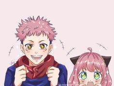 two anime characters one with pink hair and the other wearing green eyes, are standing next to each other