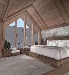 an artist's rendering of a bedroom with wood paneling and white bedding