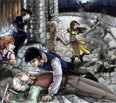 an anime scene with many people on the ground and one person laying down in front of him