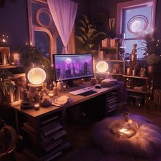 a computer desk with two monitors on top of it in a room filled with plants and candles