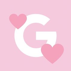 the letter g is surrounded by hearts on a pink background with white letters and two smaller heart shapes