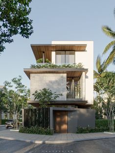 an artist's rendering of a two story building with balconies and plants on the balcony