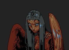 an animated image of a woman with long hair and wings on her head, in the dark