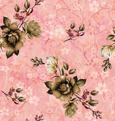 a pink floral wallpaper with green leaves and flowers on the bottom half of it