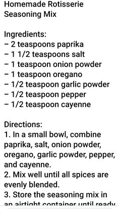 the recipe for homemade rotissee seasoning mix is shown in black and white