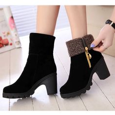 Department Name:Adult Item Type:Boots Outsole Material:Rubber Fashion Element:Turned-over Edge Closure Type:Zip Shaft Material:Fur is_handmade:Yes Season:Winter Heel Type:Square heel Heel Height:High (5cm-8cm) Upper Material:Fur Toe Shape:Round Toe With Platforms:No Lining Material:Plush Model Number:Women Casual boots Boot Type:Snow Boots Boot Height:Ankle Pattern Type:Solid Leather Style:Soft General Leather Boot Type:Fashion Boots Style:Snow Boots Winter Heels, Shoe Image, Rounded Toe Boots, Thick Heel, Round Toe Heels, Fur Boots, Thick Heels, Winter Shoes, Heel Type