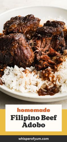 Easy Filipino Beef Adobo served over rice. Adobo Beef, Beef Adobo, Filipino Adobo Recipe, Short Ribs Braised, Filipino Adobo, Beef Short Rib Recipes, Dishes To Make, Adobo Recipe, Comfort Soup