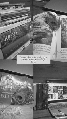 black and white photograph of books on desk next to laptop computer, with caption in russian