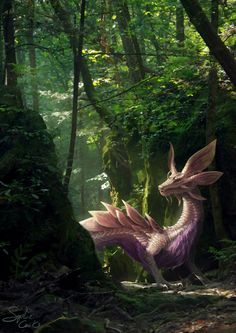 a purple dragon standing in the middle of a forest