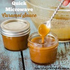 a spoon full of caramel sauce being drizzled into a jar with the words quick microwave caramel sauce