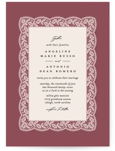 a wedding card with an ornate frame on the front and bottom, in red ink