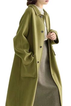 Avocado Green Wool Coat for Women Bookstore Girl Aesthetic Bookstore Girl Aesthetic, Green Wool Coat, Earthy Elegance, Classic Leather Jacket, Soft Girl Outfits, Light Green Color, Coat For Women, Uniform Fashion, Green Coat